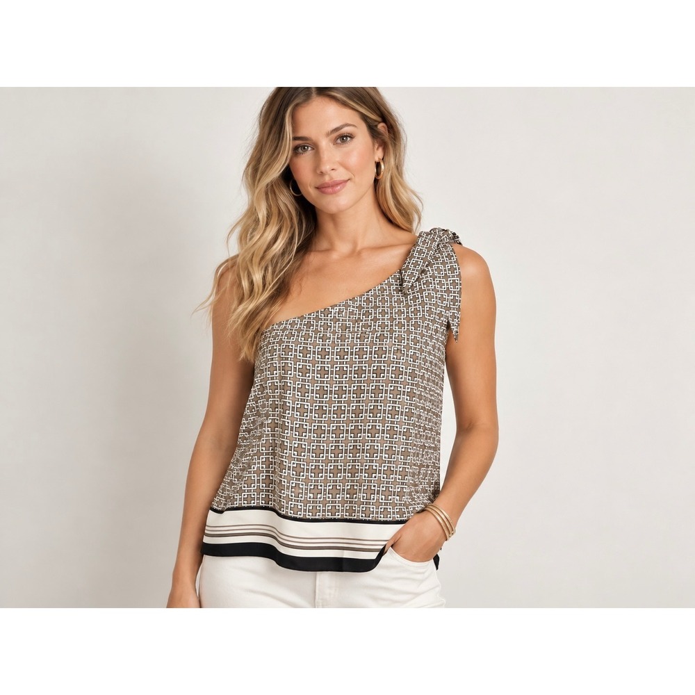 Abercrombie & Fitch Geometric Taupe One Shoulder Top Size Medium Preppy Chic